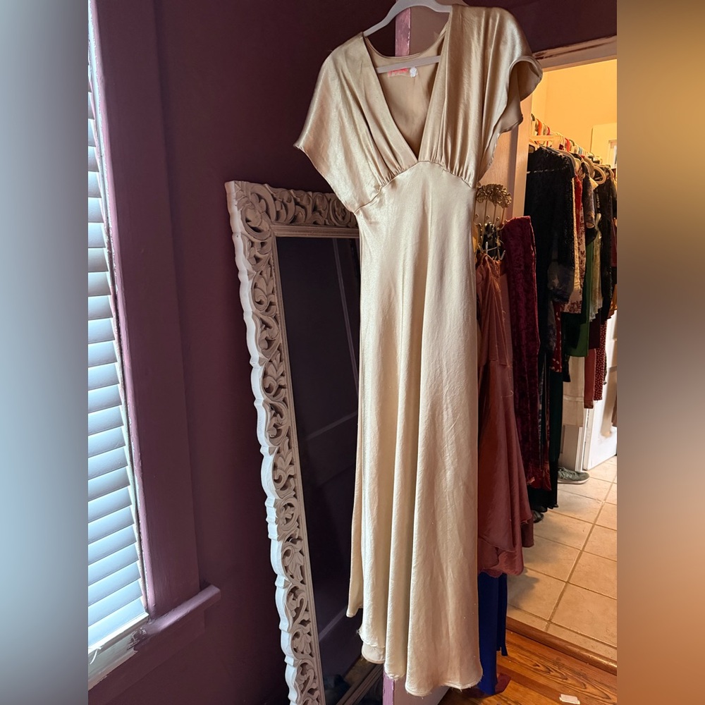 Free People Beatrice Dress in Warm Sand gold satin boho - Picture 5 of 8